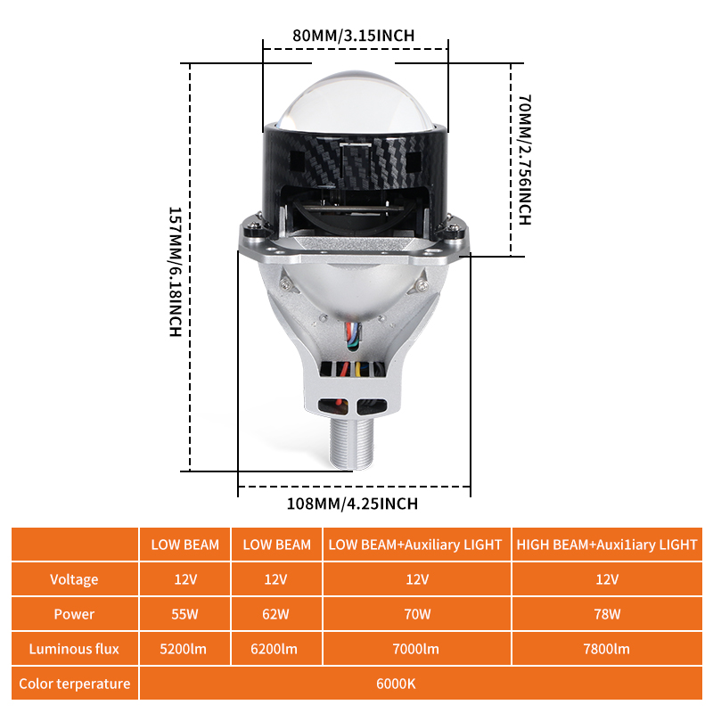 Universal Car Motorcycle Bajo Viga 110W Viga alta 156W 3 pulgadas Bombas de lente de proyector de doble taza