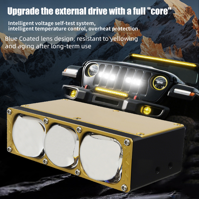 Focos para coche de 170 W, 3 ojos, lente azul, luces de rejilla Bi LED con ventilador DRL, luz de trabajo antiniebla, luces auxiliares externas, vehículo todoterreno, camión