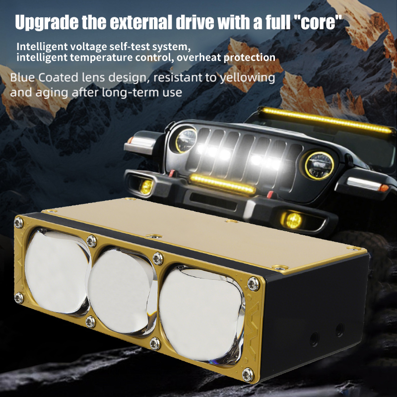 Focos para coche de 170 W, 3 ojos, lente azul, luces de rejilla Bi LED con ventilador DRL, luz de trabajo antiniebla, luces auxiliares externas, vehículo todoterreno, camión