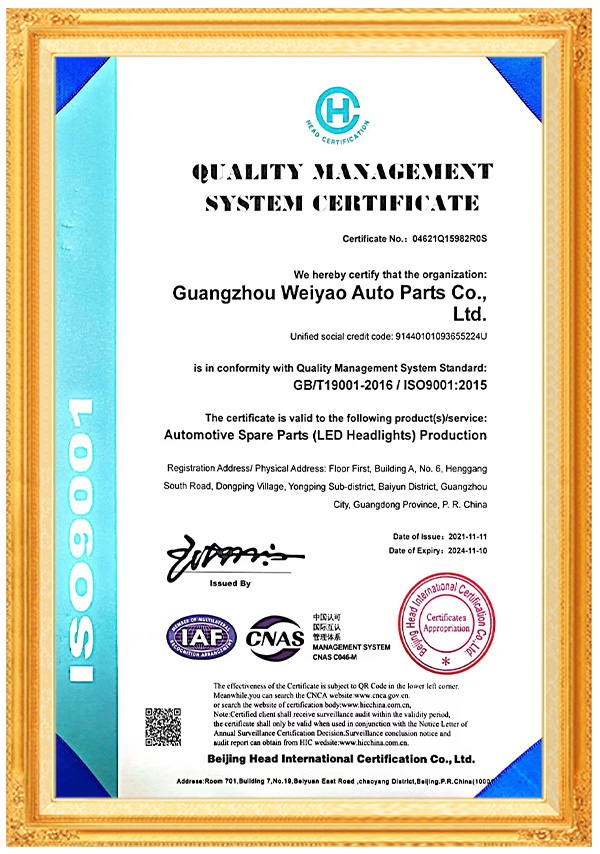 Certificado ISO-9001 para bombilla de faro LED