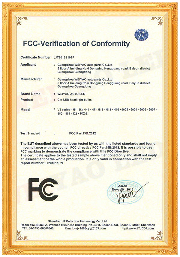 Certificado FCC para bombilla de faro LED
