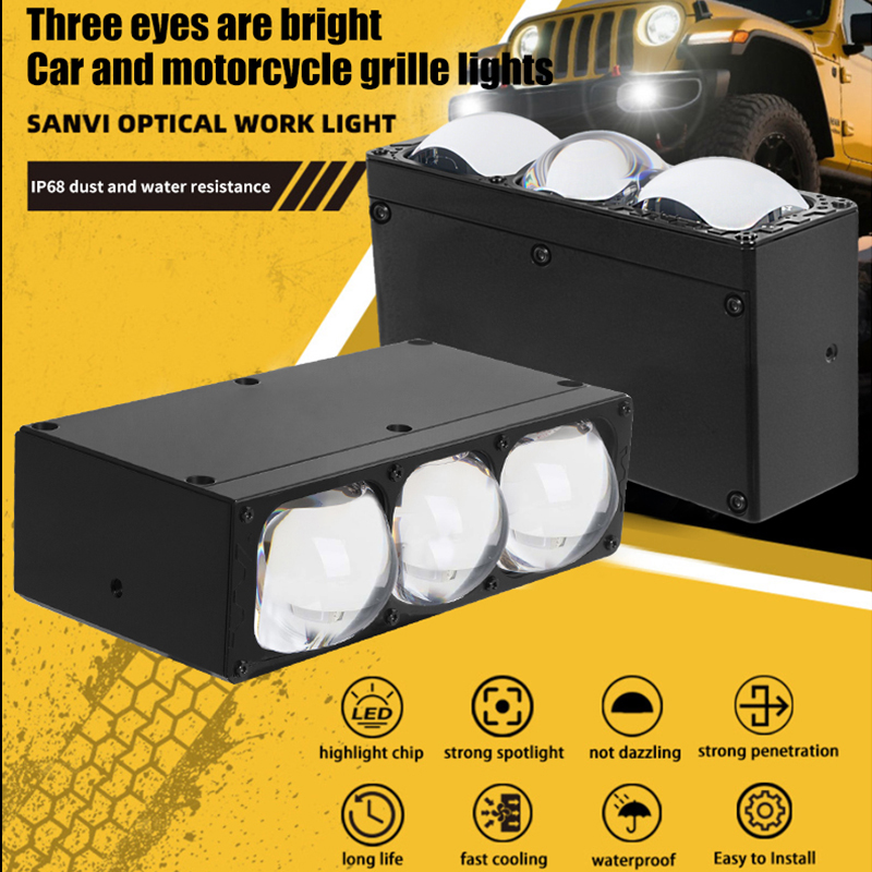 Accesorios para automóviles Luz LED de matriz Luz universal para parrilla de automóvil Luz alta y baja Lente láser doble Lente de proyector en forma de tres ojos Foco de parrilla